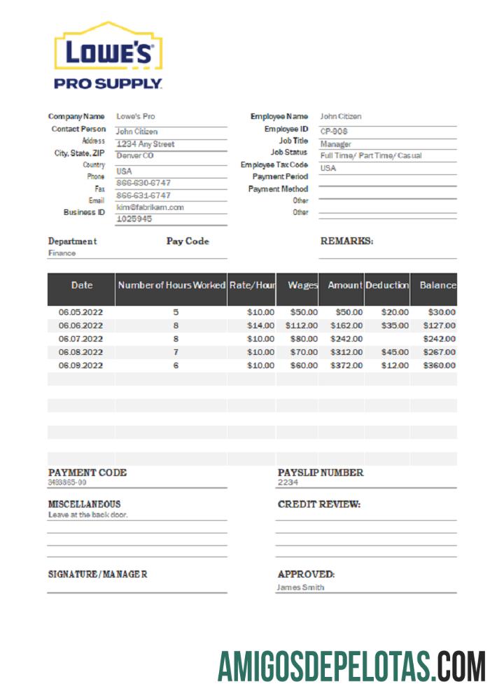 Esboço de pagamento da empresa atacadista de suprimentos Pro da USA Lowe's exemplo real